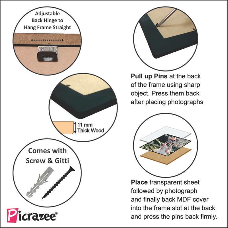 Picrazee Wooden Multiple Images Collage Photo Frame For Wall Decor (12 Photographs, Black Glitter, Size- 23.5* X 23.5* Inch), Re